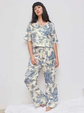 Tropical Print Blue Satin Pajama Set
